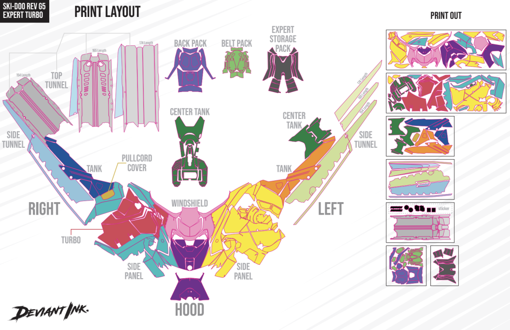 Detailed print layout for a Deviant Ink wrap kit designed for the Ski-Doo REV Gen 5 Expert Turbo, showing each panel placement including hood, side tunnels, tank, and backpack accessories.